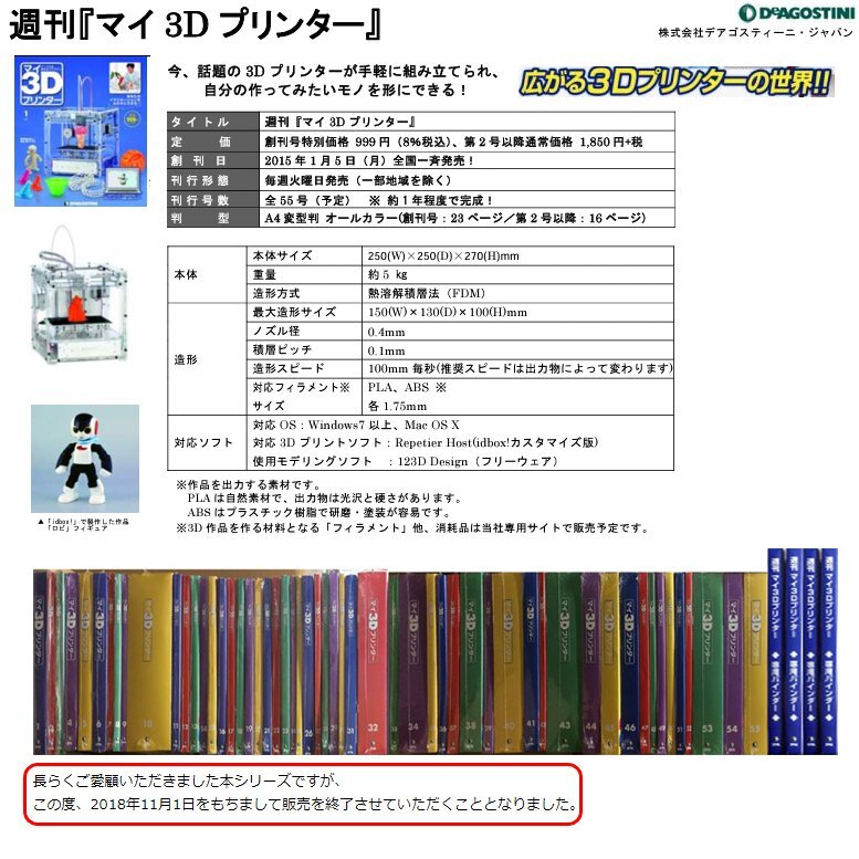 * super-discount!tia Goss tea ni/DeAGOSTINI weekly my 3d printer 1-55 volume .. set + exclusive use binder -4 pcs. ( all 10 ten thousand jpy corresponding ) 15-16 year issue / unopened *NM