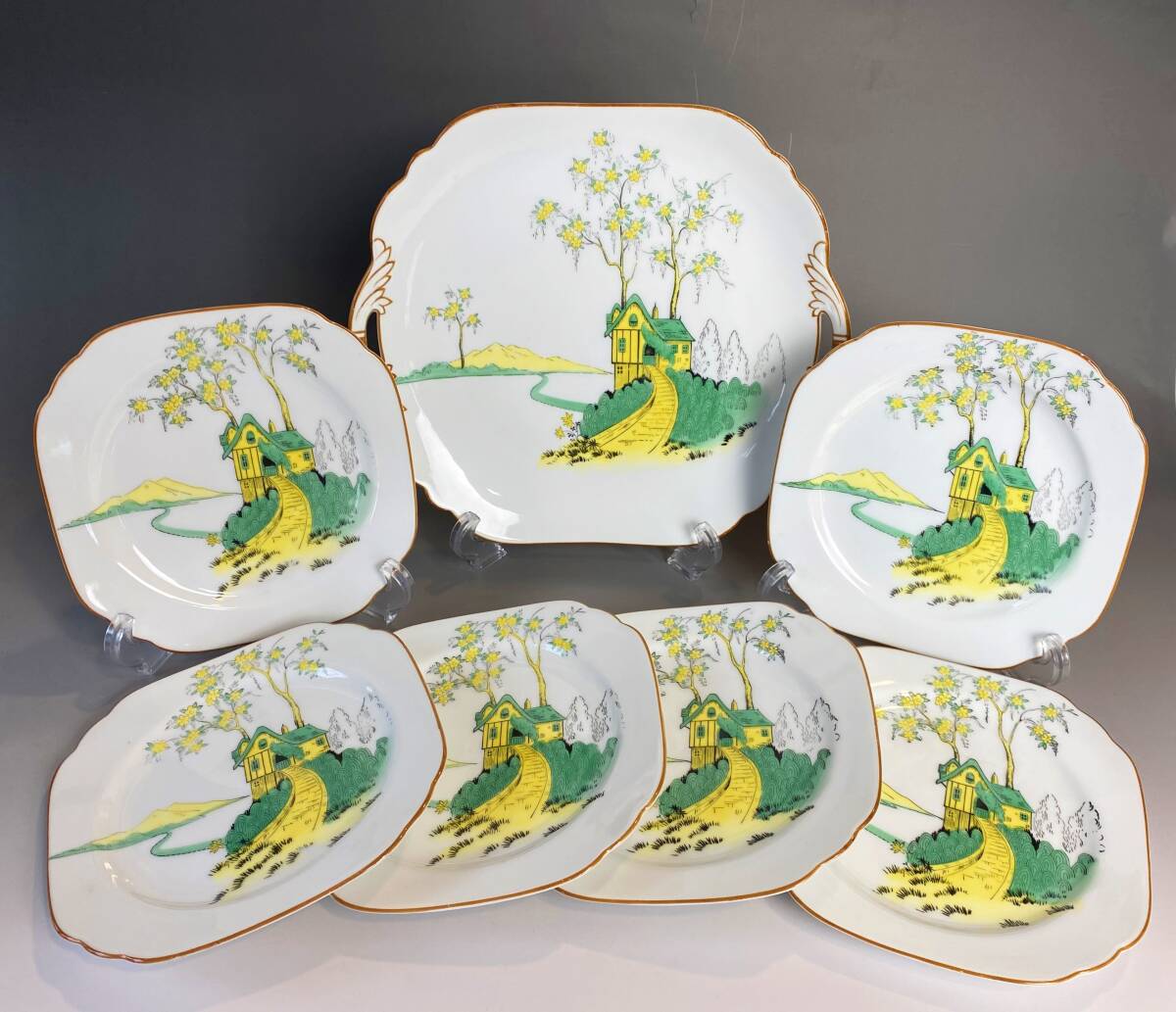 [ super rare ] Meiji 44 year Old Noritake 1911 year yajiro beige seal Japan domestic oriented plate set 7 sheets large plate 25.1 sheets small plate 16.5.6 sheets 