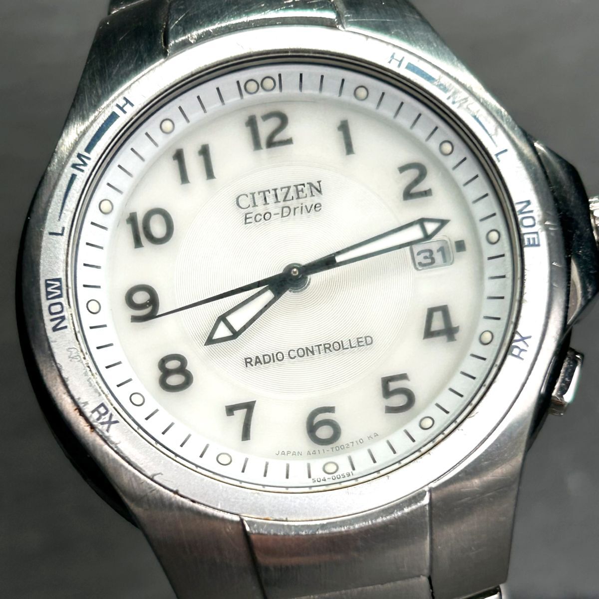 CITIZEN シチズン エコドライブ A411-T001521 腕時計 ソーラー 電波時計 アナログ 3針 カレンダー メタルバンド シルバー ホワイト文字盤の画像1