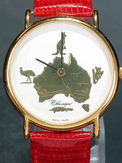 classique クラシーク 30-39 アナログ クォーツ 腕時計 ゴールド ホワイト文字盤 オーストラリア 動物 レッドレザーベルト 新品電池交換済の画像1