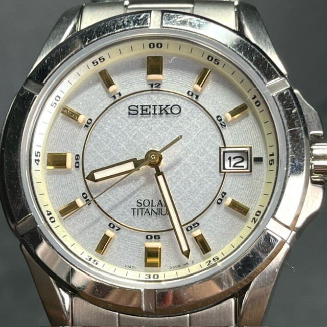SEIKO セイコー SPRIT スピリット V147-0AB0 腕時計 チタン ソーラー アナログ ホワイト カレンダー 動作確認済み デイト ラウンド_画像3