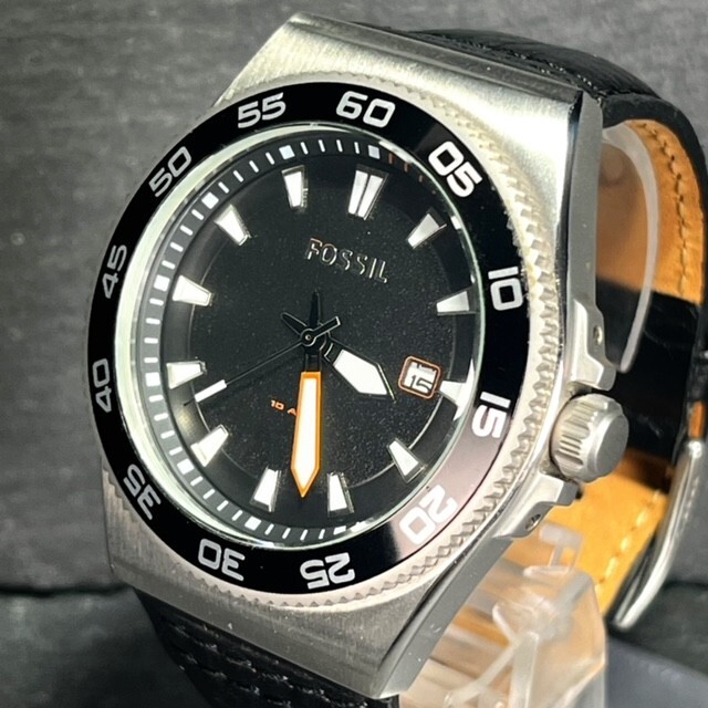 FOSSIL フォッシル AM-4341 メンズ 腕時計 アナログ クオーツ 3針 デイト ブラック文字盤 レザー 回転ベゼル ステンレス 新品電池交換済み_画像2