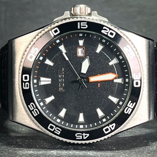FOSSIL フォッシル AM-4341 メンズ 腕時計 アナログ クオーツ 3針 デイト ブラック文字盤 レザー 回転ベゼル ステンレス 新品電池交換済み_画像4