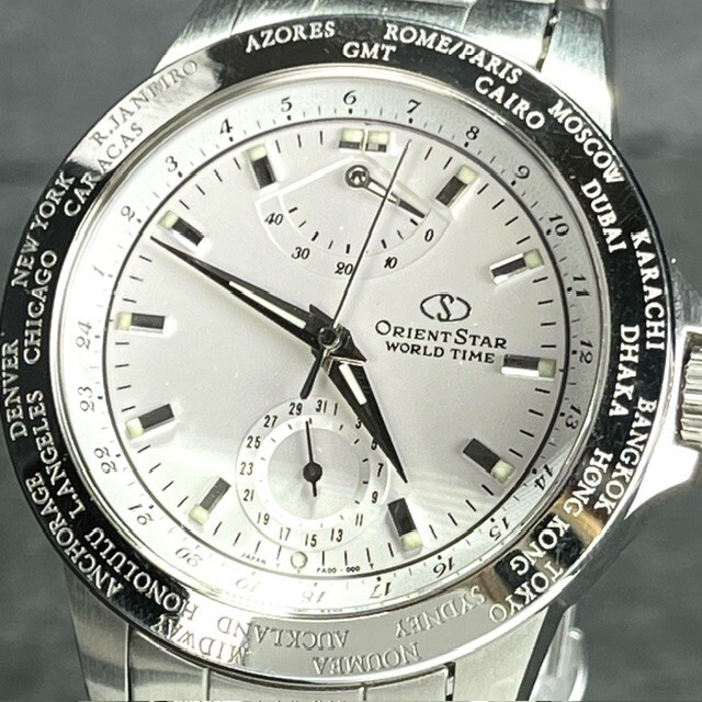 美品 ORIENT STAR オリエントスター WZ0021FA ワールドタイム GMT WORLD TIME 自動巻き 腕時計 ホワイト アナログ メンズ ステンレスの画像3