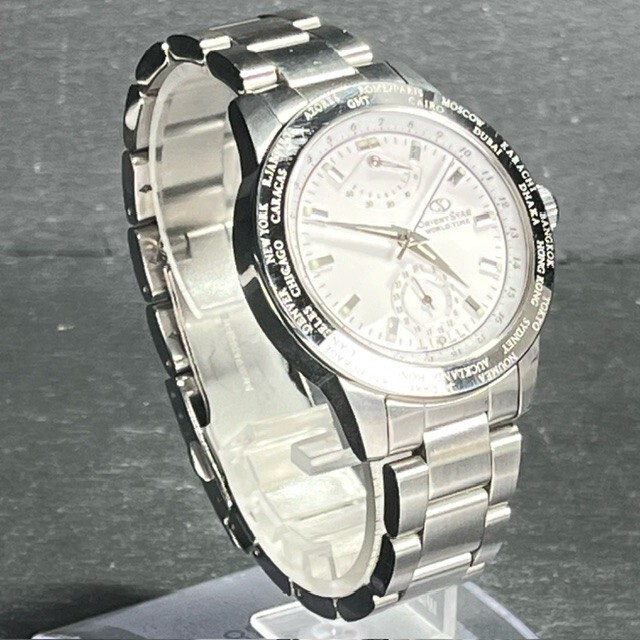美品 ORIENT STAR オリエントスター WZ0021FA ワールドタイム GMT WORLD TIME 自動巻き 腕時計 ホワイト アナログ メンズ ステンレスの画像4