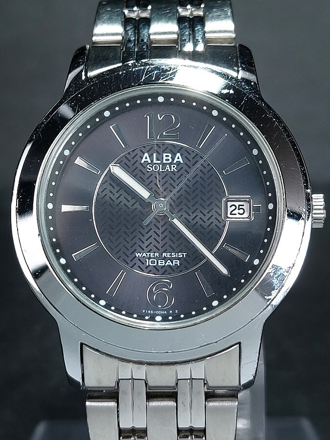SEIKO セイコー ALBA アルバ V145-0BX0 メンズ アナログ ソーラー 腕時計 3針 ブラック文字盤 デイトカレンダー メタルベルト 動作確認済み_画像1