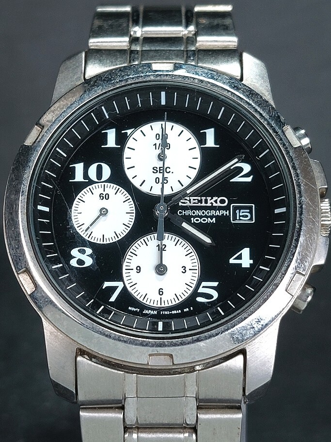 SEIKO セイコー CHRONOGRAPH クロノグラフ SND125 メンズ アナログ 腕時計 ブラック文字盤 デイトカレンダー メタルベルト 新品電池交換済_画像1