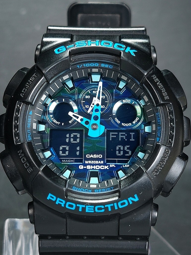 美品 CASIO カシオ G-SHOCK ジーショック GA-100CB-1A メンズ デジアナ 腕時計 ブルー 迷彩 ブラック ラバーベルト 電池交換済 動作確認済_画像1