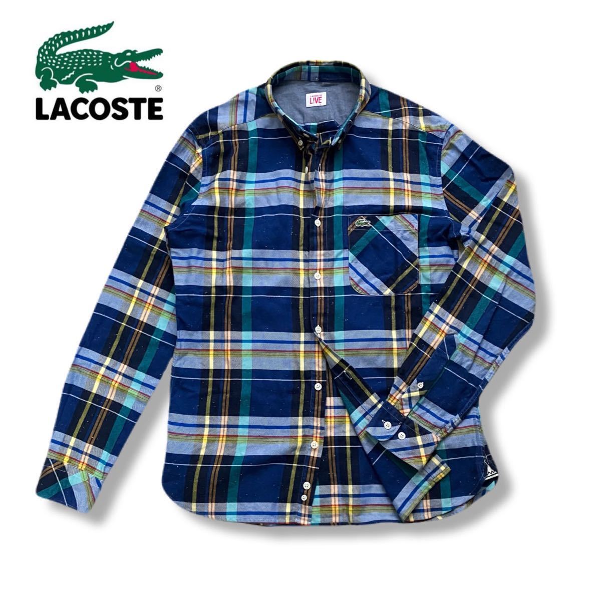 送料無料 LACOSTE LIVE ラコステ ライブ マルチ カラーネップ チェック 柄 長袖 シャツ L 41_画像1