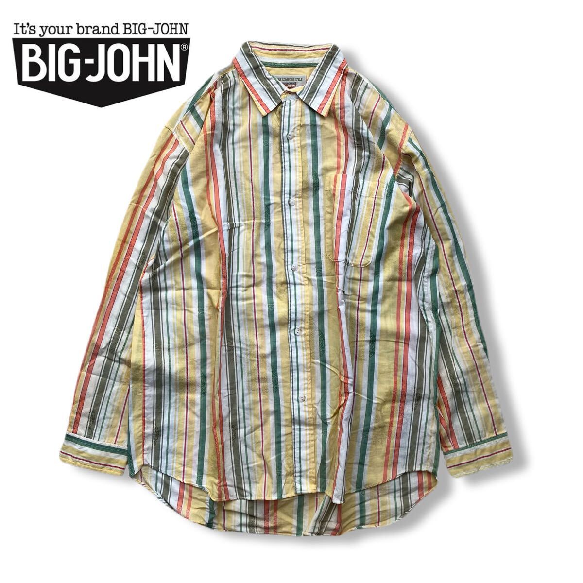 送料無料 レトロスタイル BIG JOHN ビッグジョン ストライプ 長袖 シャツ 日本製 サーフ 薄手 L_画像1