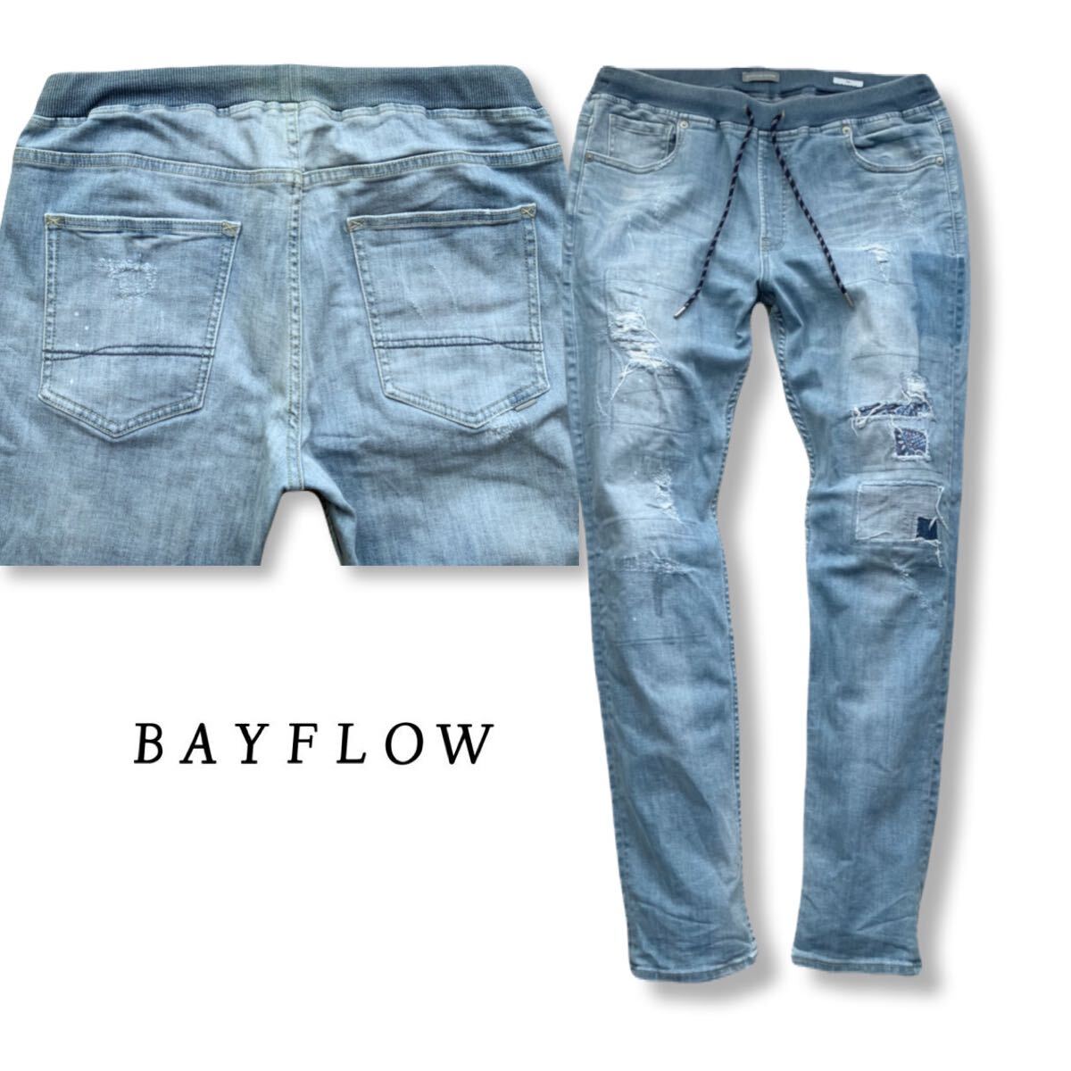 送料無料 BAYFLOW DENIM ベイフロー ダメージ リペア加工 イージー デニム パンツ スリム サイズ4 テーパード ジーンズ バンダナ柄