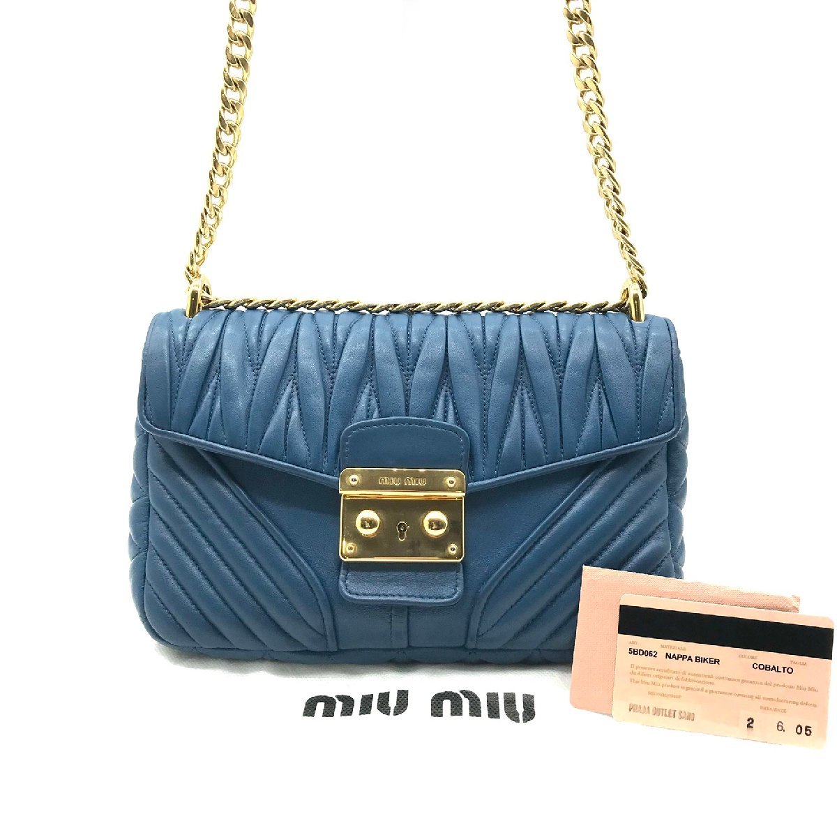 MiuMiu ミュウミュウ ロック金具 マテラッセ レザー チェーン ショルダー バッグ ブルー 良品 a2517