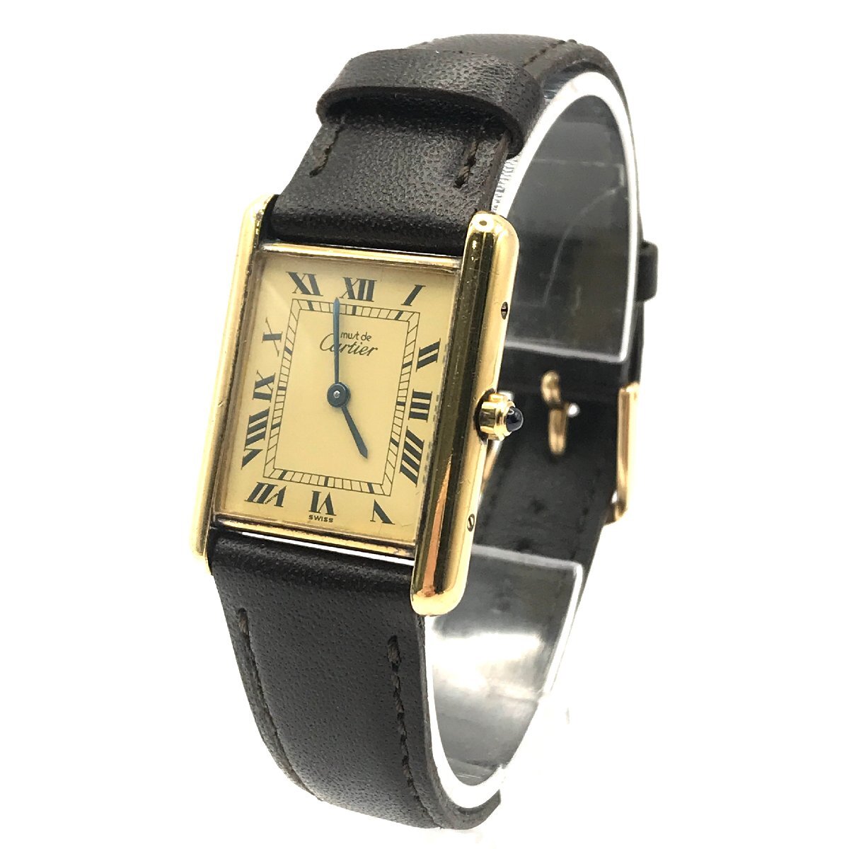 Cartier カルティエ マストタンク 925 革 ブラウン ベルト QZ クォーツ 腕時計 ゴールド ウォッチ 良品 k821