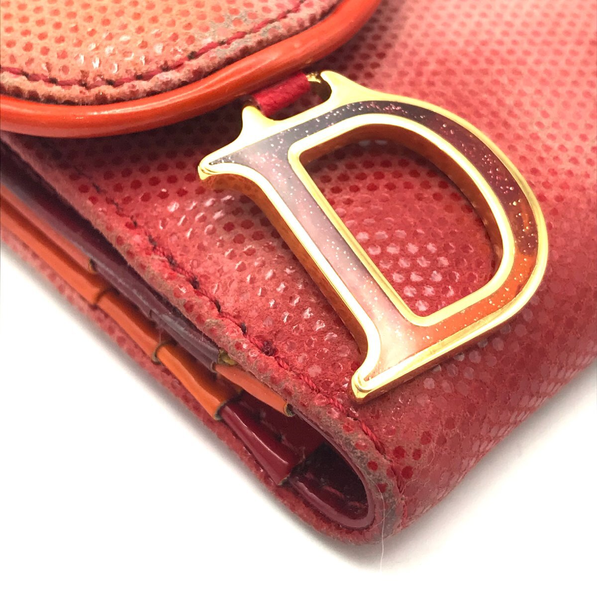 1円 Christian Dior ディオール サドル 二つ折り 財布 レッド ウォレット m9770_画像4