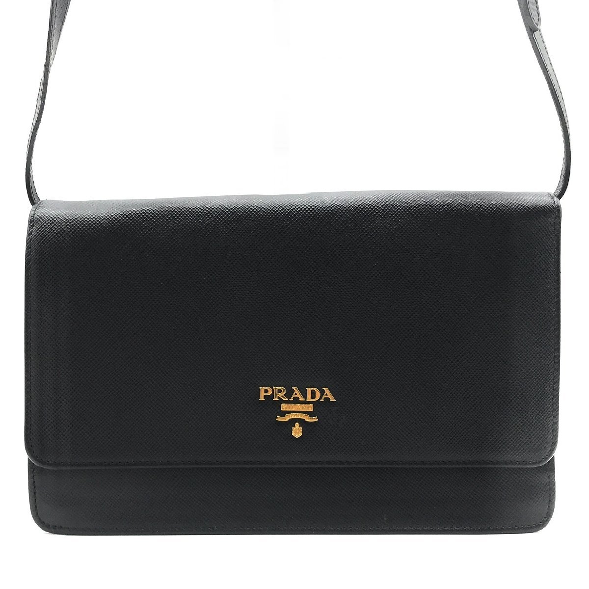 PRADA プラダ 2WAY ロゴ 型押し サフィアーノ ショルダー ウォレット バッグ ブラック 美品 a2599