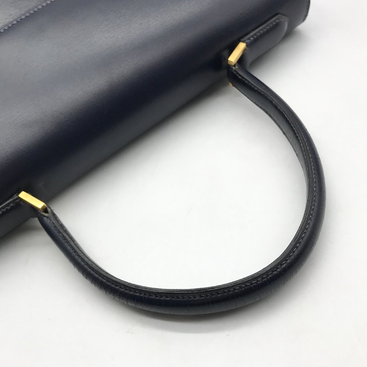 1円 良品 HERMES エルメス ボックスカーフ ハンド バッグ ネイビー G金具 k746の画像6