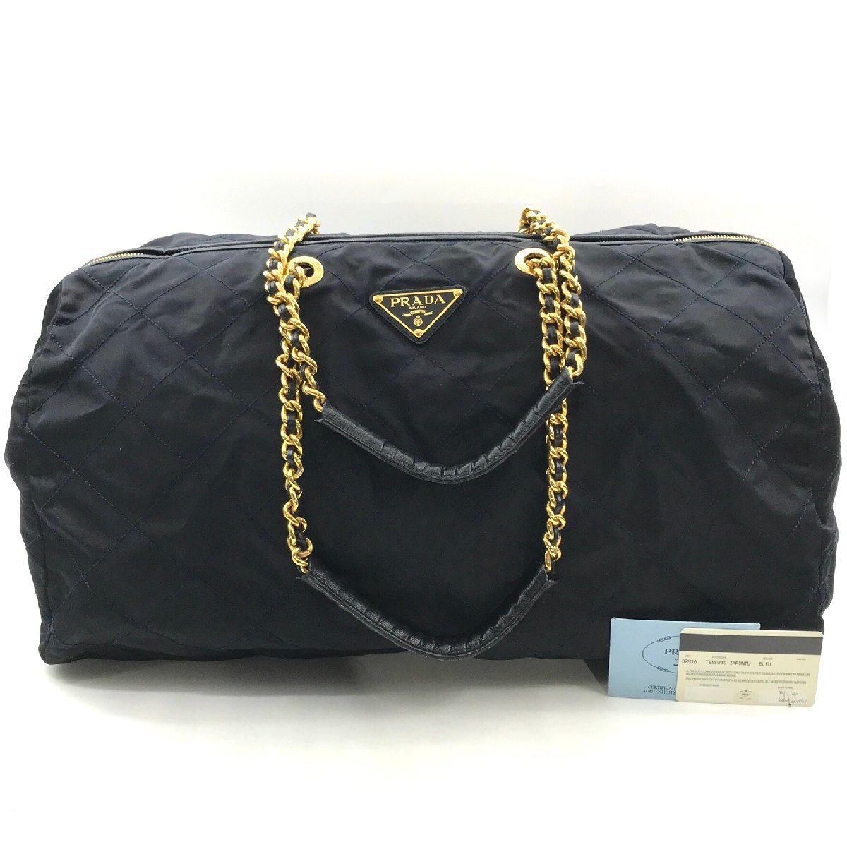 1円 PRADA プラダ ナイロン 三角ロゴ プレート チェーン ショルダー ボストン バッグ ネイビー m10885の画像1