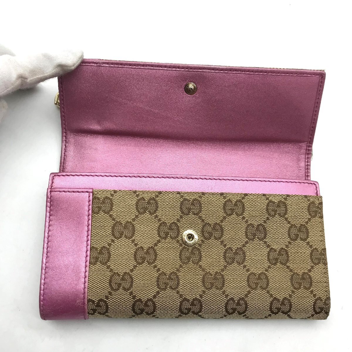 GUCCI グッチ GGキャンバス ハートチャーム メタリック ピンク 長財布 ウォレット a2047_画像6