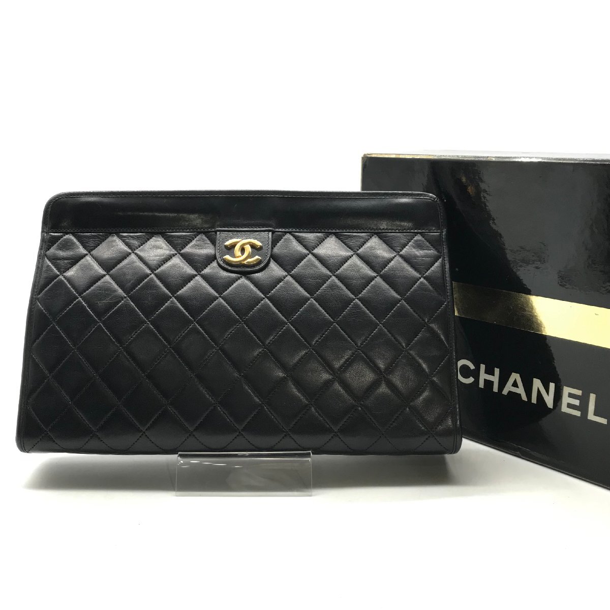 良品 CHANEL シャネル ココマーク マトラッセ ラムスキン クラッチ バッグ ブラック a2220_画像1