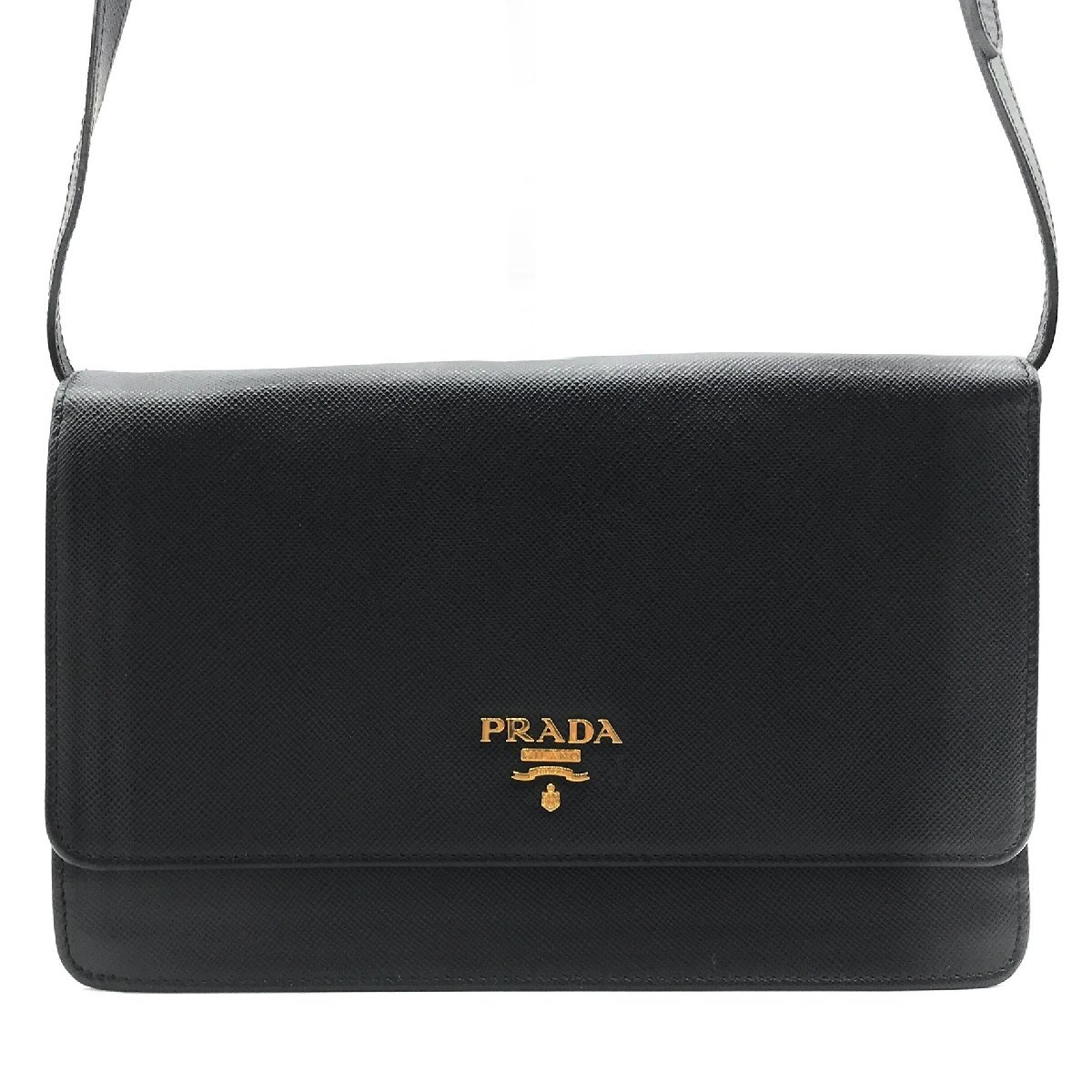美品 PRADA プラダ 2WAY ロゴ 型押し サフィアーノ ショルダー ウォレット バッグ ブラック a2599_画像1