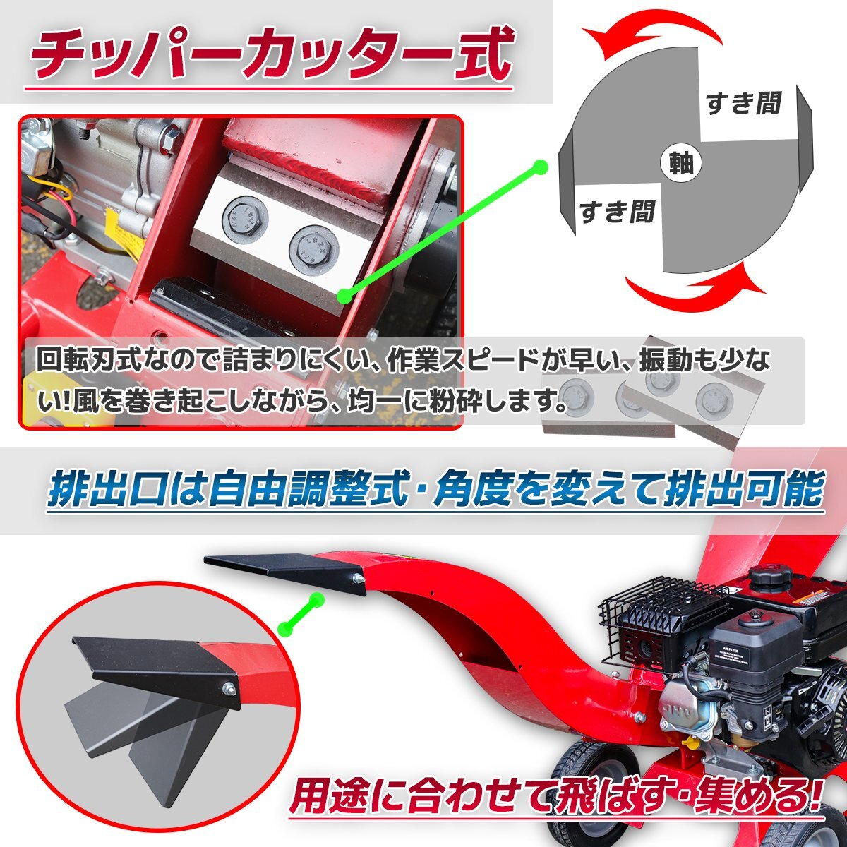 【営業所留め】エンジン粉砕機 ウッドチッパー +【替え刃セット】◆7.5馬力◆最大処理径70mm 竹・樹木 農業 日本語説明書_画像5