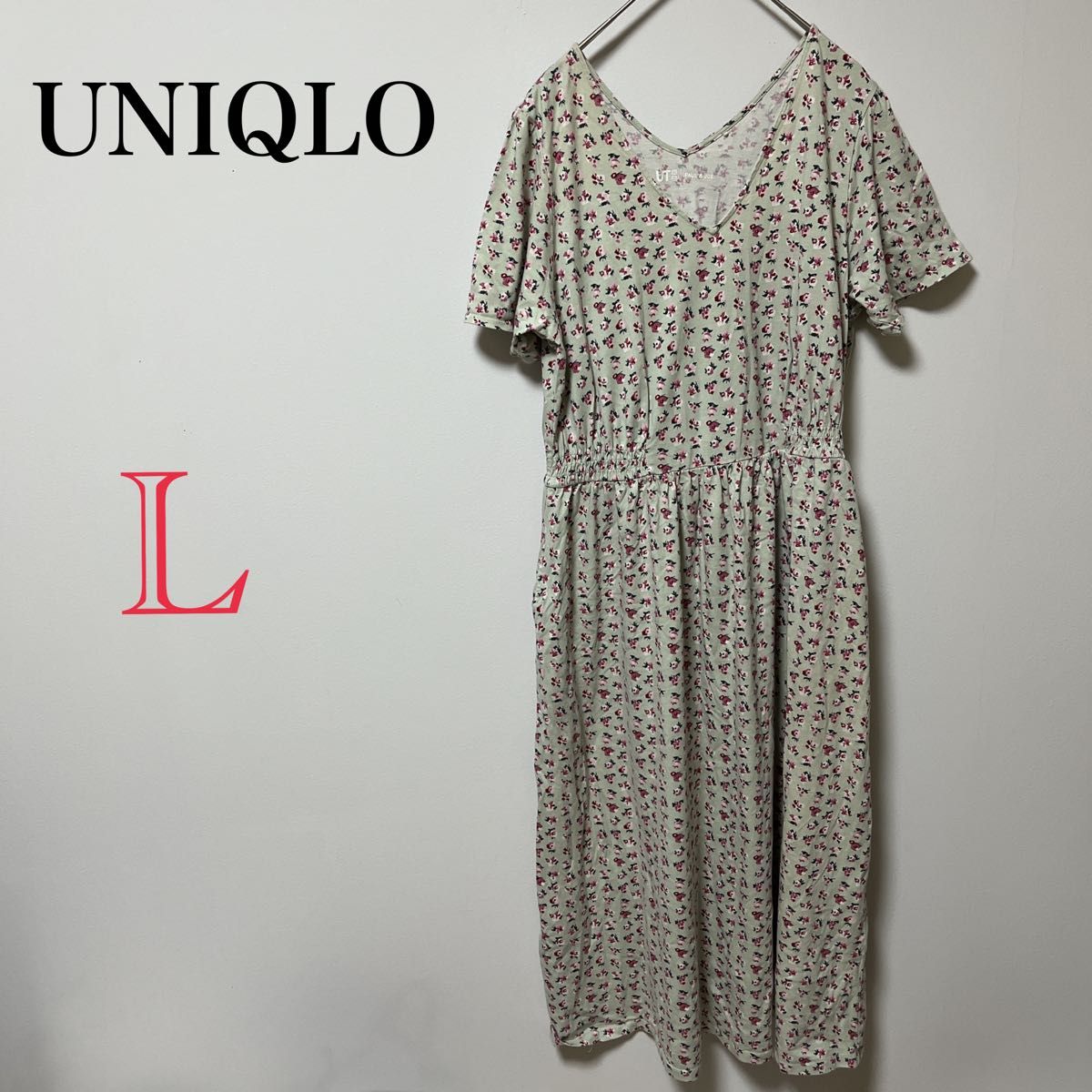 【UNIQLO】 レディース古着 花柄 ワンピース グリーン 半袖 シャツ