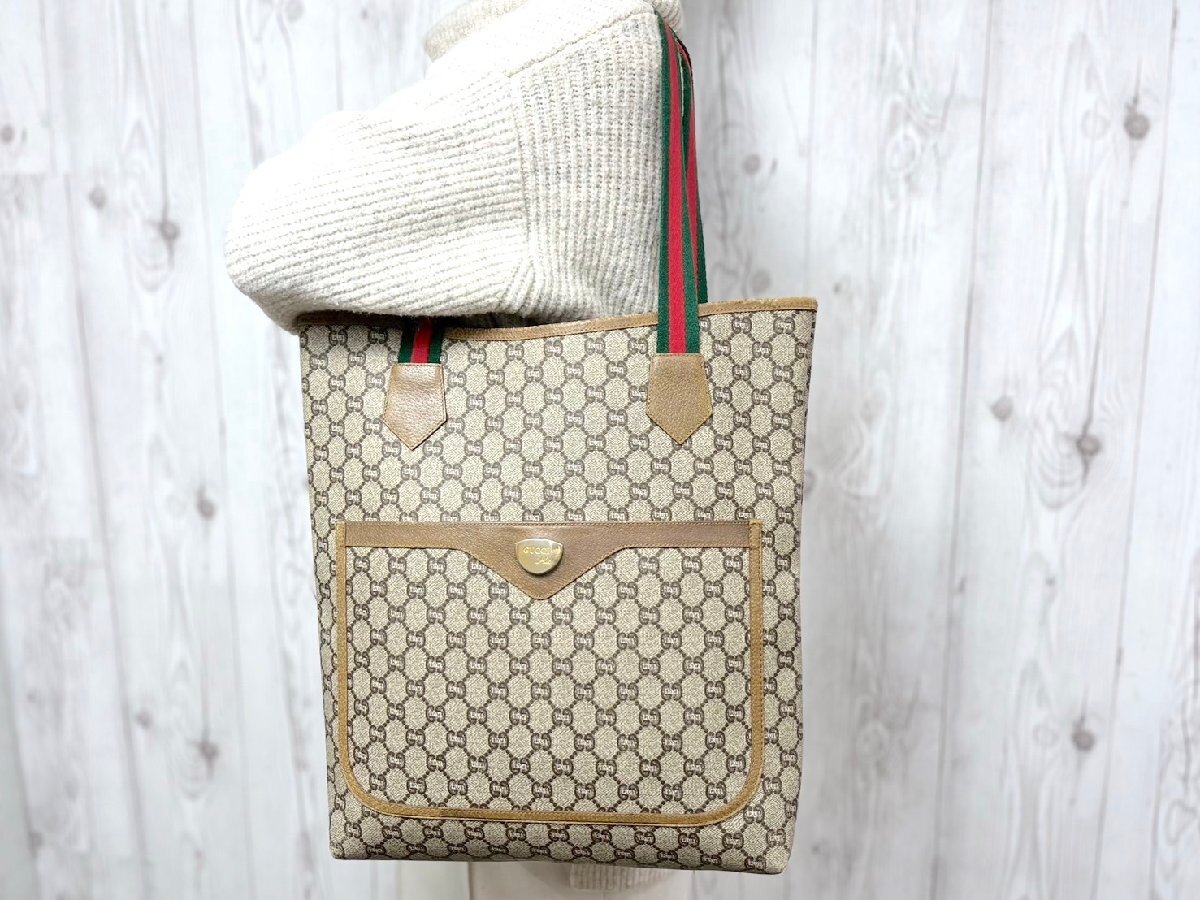 極美品 GUCCI グッチ オールドグッチ GGプラス シェリーライン トートバッグ ショルダーバッグ バッグ 茶系 A4可 メンズ 69599_画像1