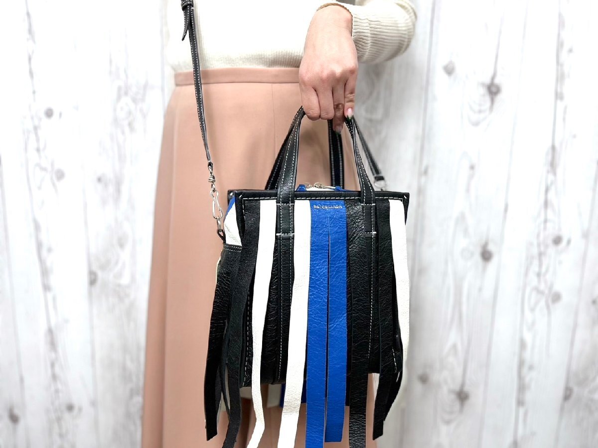  превосходный товар BALENCIAGA Balenciaga ba The -rushopa- бахрома ручная сумочка сумка на плечо сумка кожа чёрный × синий × белый 2WAY 69739