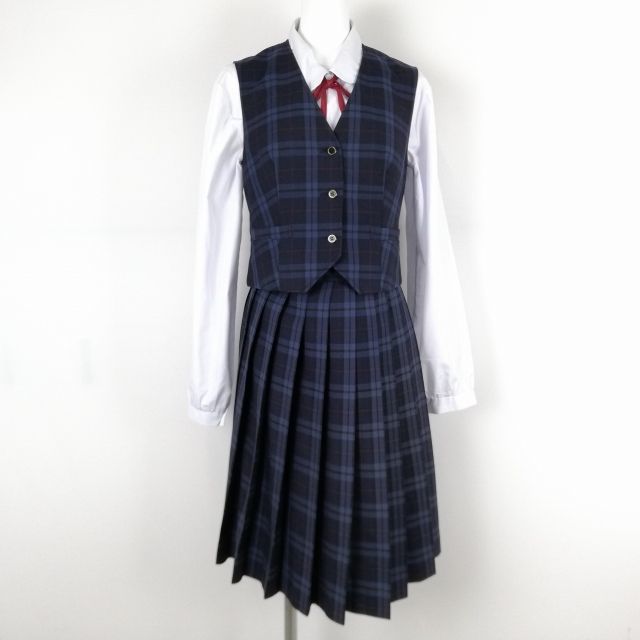 1円 ベスト チェックスカート 紐タイ 上下4点セット 指定 冬物 女子 学生服 佐賀唐津商業高校 制服 中古 ランクB EY2721_画像1