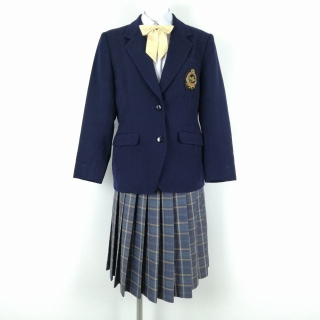 1円 ブレザー チェックスカート リボン 上下4点セット 冬物 女子 学生服 宮崎日本大学高校 紺 制服 中古 ランクB EY2639_画像1