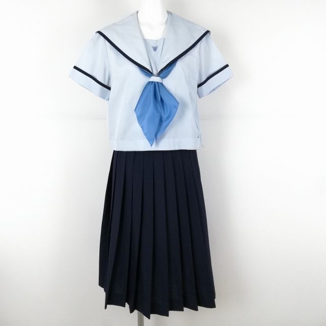 1円 セーラー服 スカート スカーフ 上下3点セット 160A 夏物 青1本線 女子 学生服 佐賀唐津東高校 水色 制服 中古 ランクC EY2068_画像1