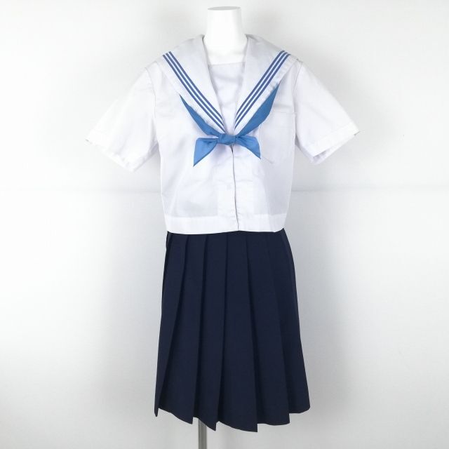 1円 セーラー服 スカート スカーフ 上下3点セット 大きいサイズ 夏物 青3本線 女子 学生服 中学 高校 白 制服 中古 ランクC EY7261_画像1