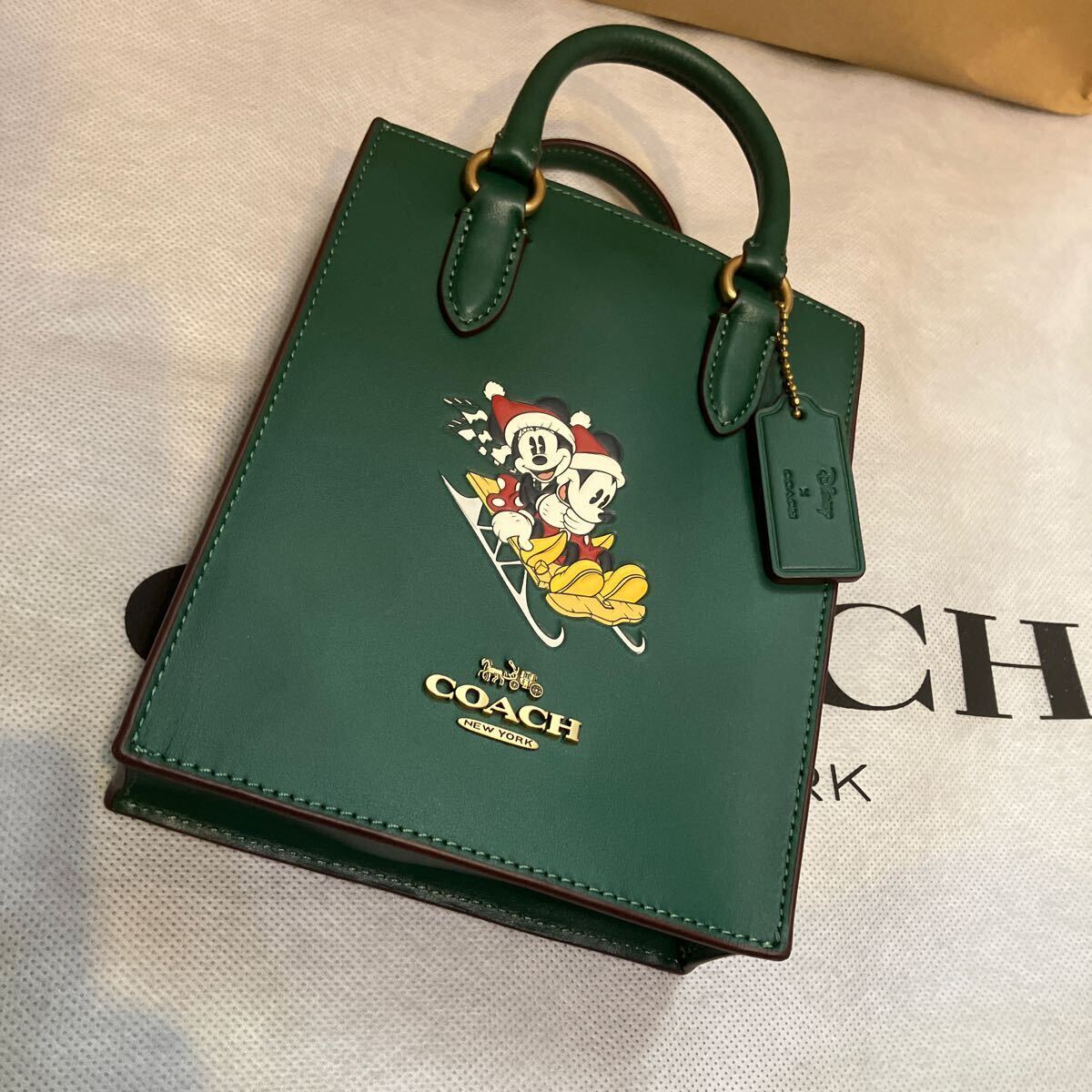 送料込●新品●価82500円 COACH X ディズニー100周年コラボ ミニトートバッグ グリーンA スレッド ノースサウス ミッキーマウス ミニー