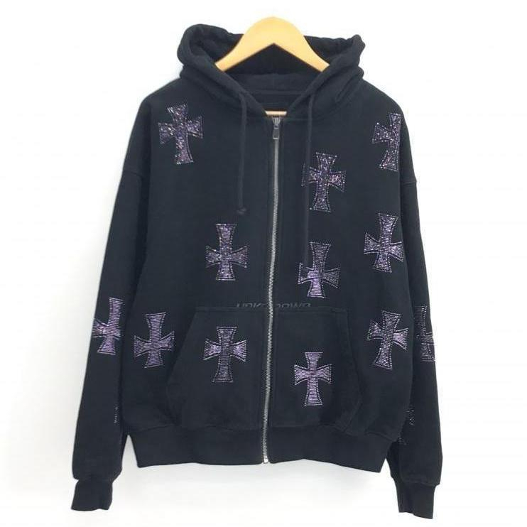 【中古】UNKNOWN LONDON Cross Rhinestone Zip Up Hoodie パーカー XS ネイビー アンノウン・ロンドン[240010386144]_画像1