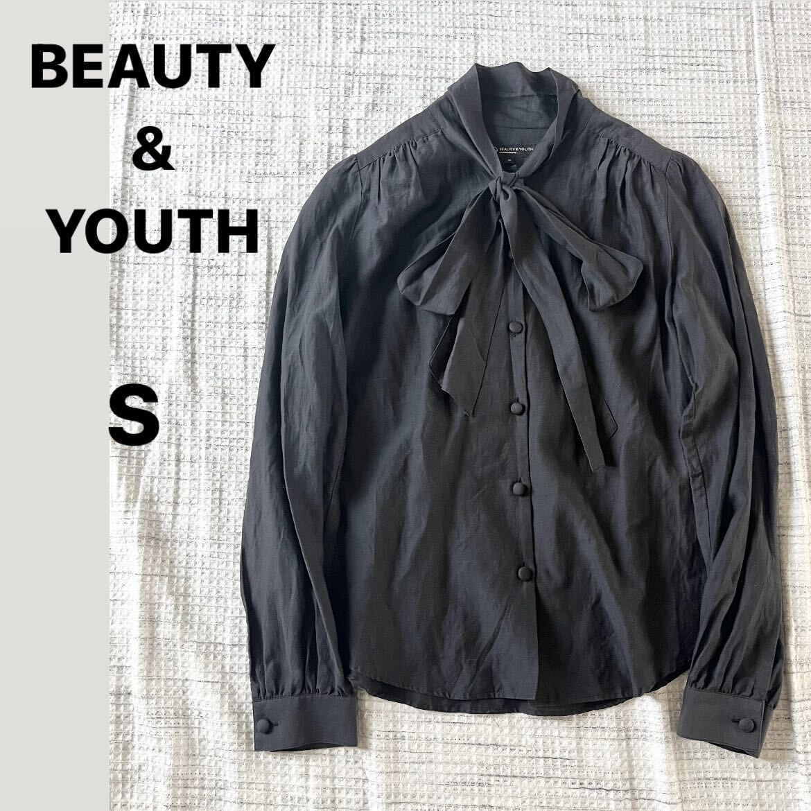 【美品】BEAUTY & YOUTHボウタイ長袖シャツ くるみボタン S 黒