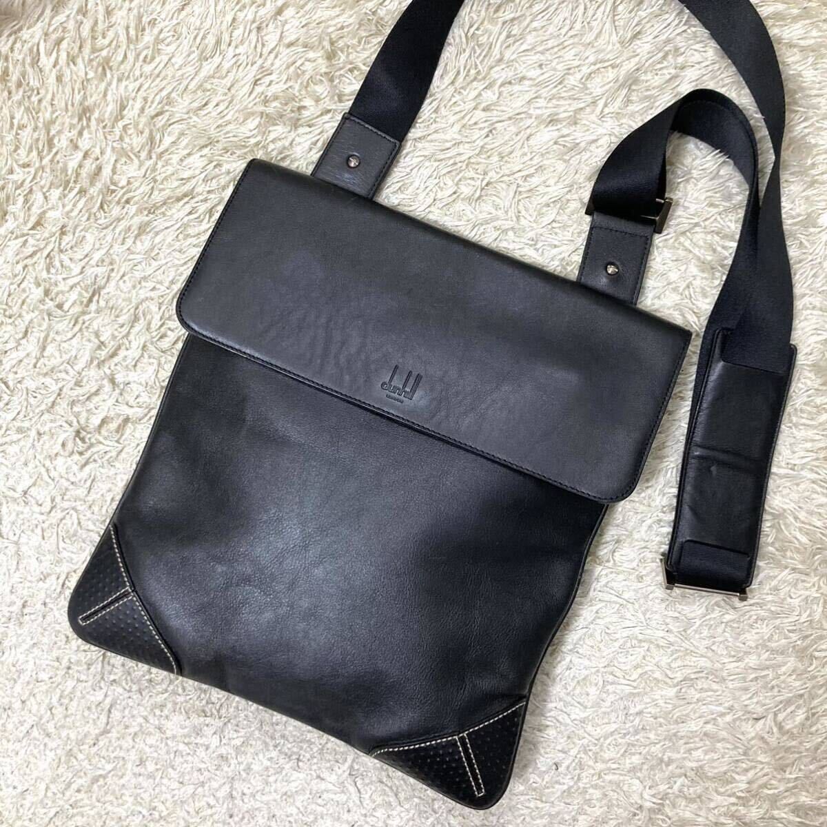 1 jpy ~ beautiful goods Dunhill Dunhill shoulder bag mesenja- business diagonal .. leather black original leather fine quality casual sakoshu