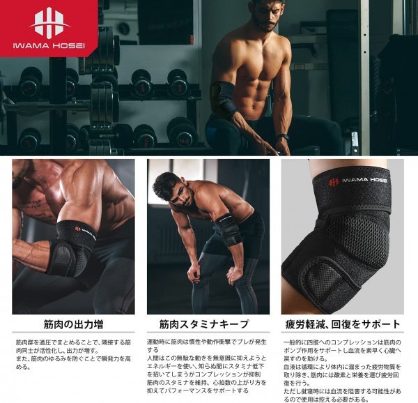 【IWAMA HOSEI】 岩間縫製 肘サポーター ヒジサポーター フリーサイズ 左右兼用 男性用 ELBOW FIT-TH 新品未使用 22の画像5