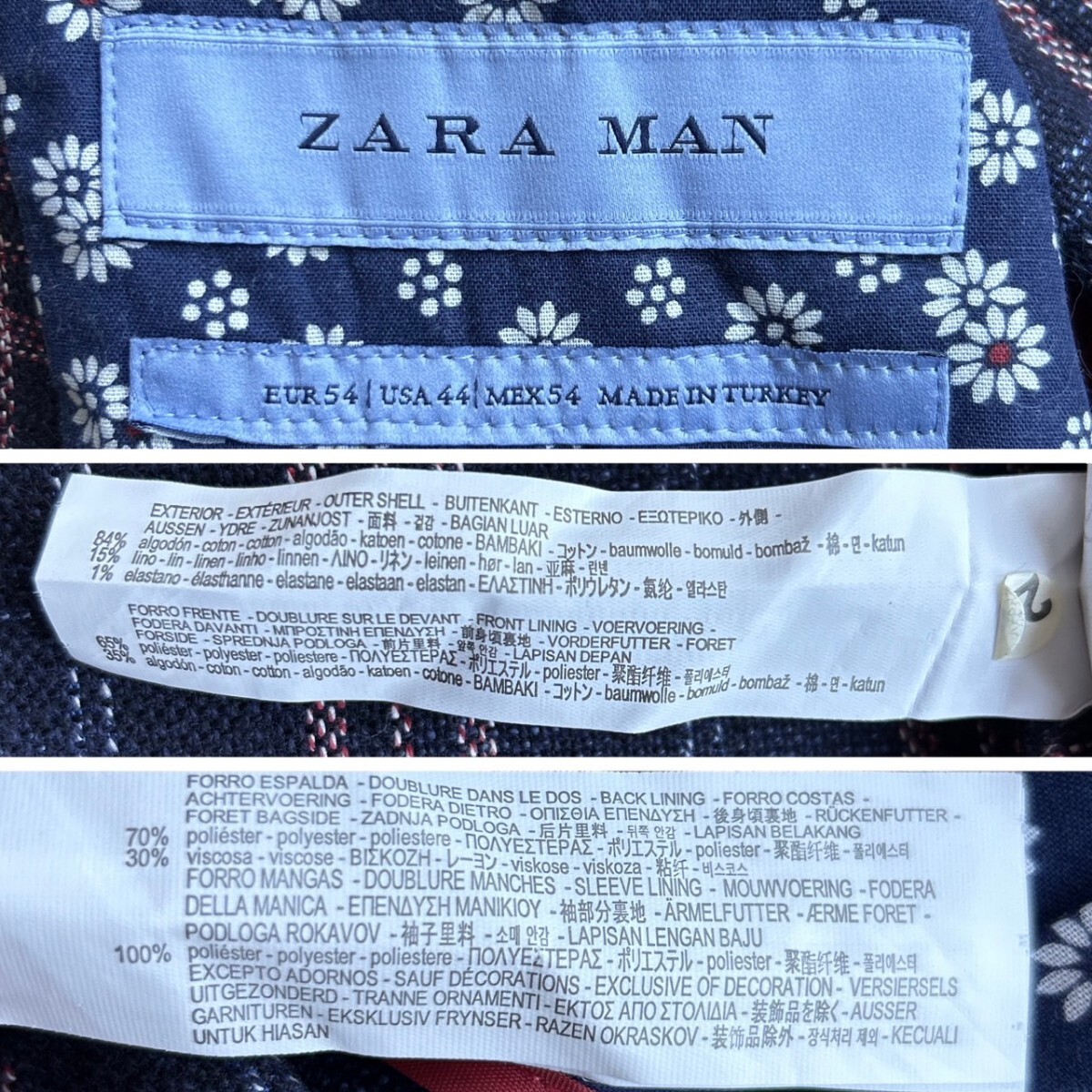 希少2XLサイズ！ZARA MAN ザラ 春ジャケ リネンブレンド テーラードジャケット 麻 54 ネイビー チェック柄 エルボーパッチ メンズ アンコン_画像9