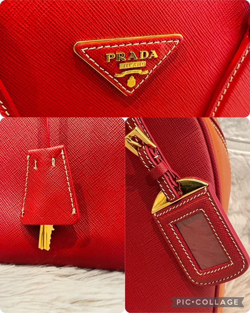 プラダ PRADA サフィアーノ ミニボストン ハンドバッグ バイカラー 赤 レザー の画像2