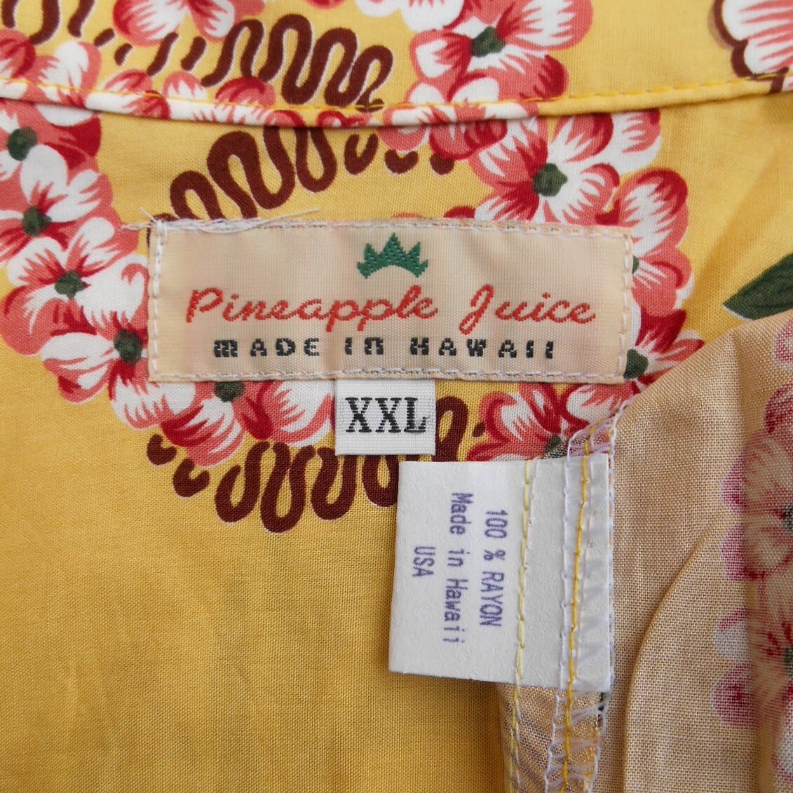未使用 Pineapple Juice パイナップルジュース ハワイアンシャツ XXL アロハ USA製 ビッグサイズ レーヨン イエロー ハイビスカスxウクレレの画像4