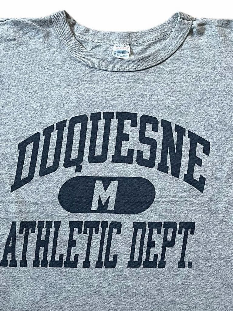 ●●vintage 80's us製 Champion チャンピオン 88/12 染み込み DUQUESNE ATHLETIC DEPT T サイズM グレー杢xネービー●●_画像2