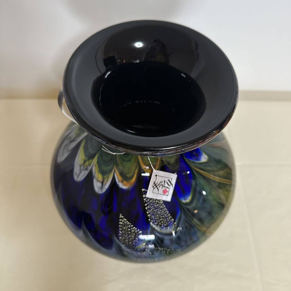 ST■ 未使用 KAMEI GLASS カメイガラス 花瓶 花びん 花器 花入 壺 本金使用 手づくり 金彩 ブルー 青 置物 オブジェ インテリア 日本製_画像6