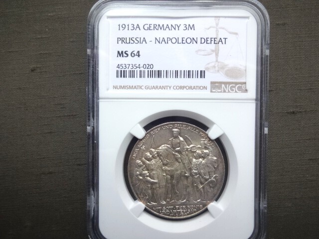 【俊】ドイツ.プロシア_3マルク銀貨・ナポレオン戦争100周年_1913A_NGC.MS64の画像1