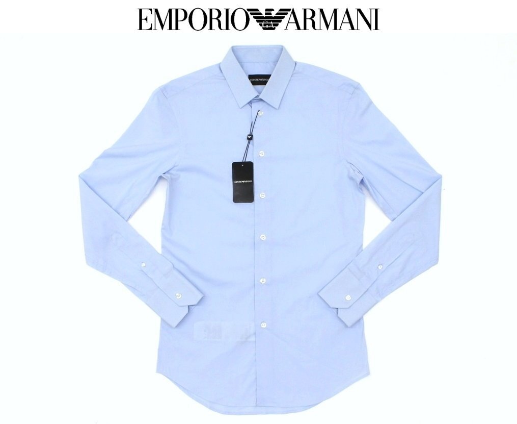 5万新品◆38◆EMPORIOアルマーニ 水色ストレッチコットンシャツ 1円_画像1