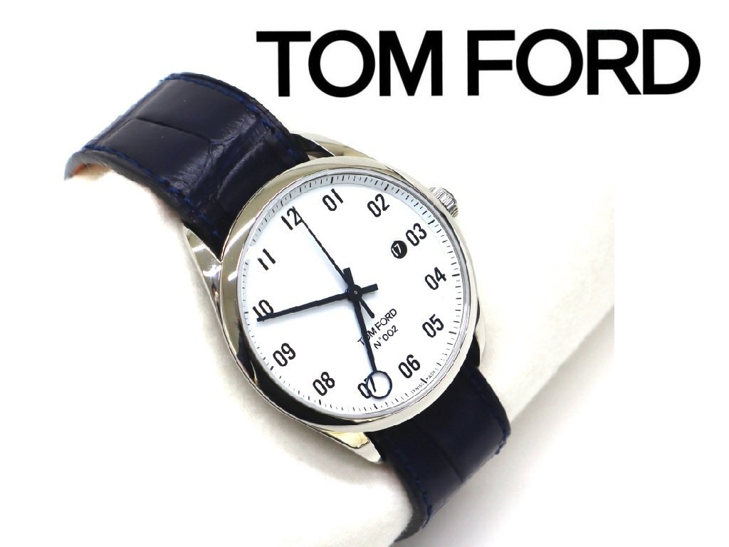 45万新品◆TOMFORD トムフォード 自動巻ラウンド型腕時計 N.002 40mm Sスティールホワイトダイアル クロコレザーベルト 1円_画像1