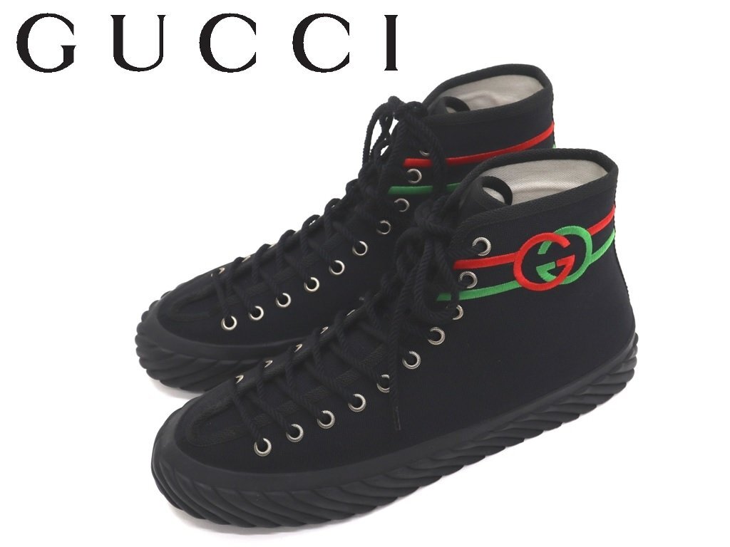 10万新品◆7H=26.5㎝◆GUCCI グッチ 黒 GG刺繍 キャンバス素材ハイカットスニーカー 1円_画像1