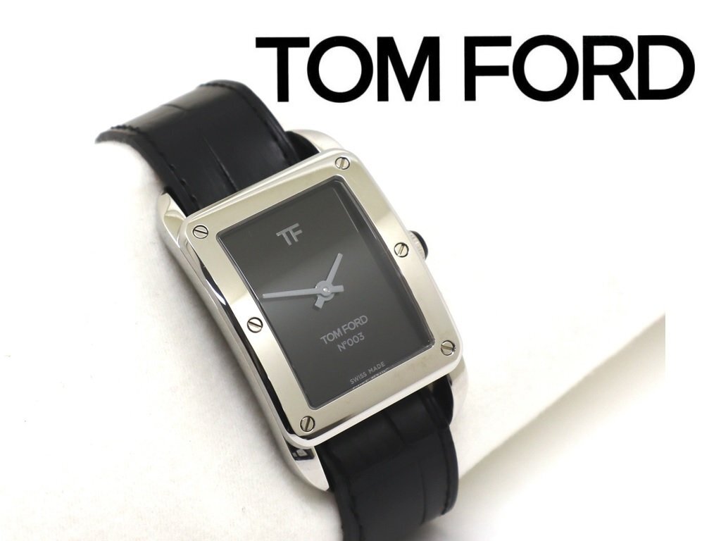 30万新品◆TOMFORD トムフォード レクタングル腕時計 N.003 Sスティールブラック ダイヤル クロコレザーベルト 1円_画像1