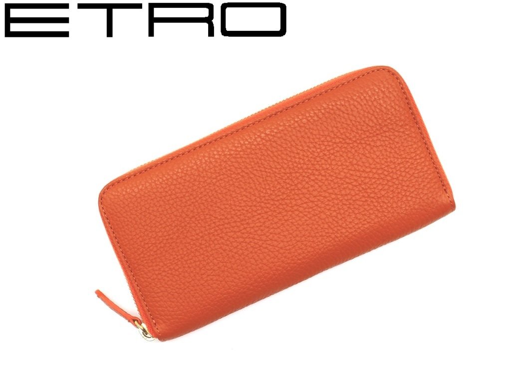 11 ten thousand new goods *[ETRO] Etro orange leather round Zip long wallet 1 jpy 