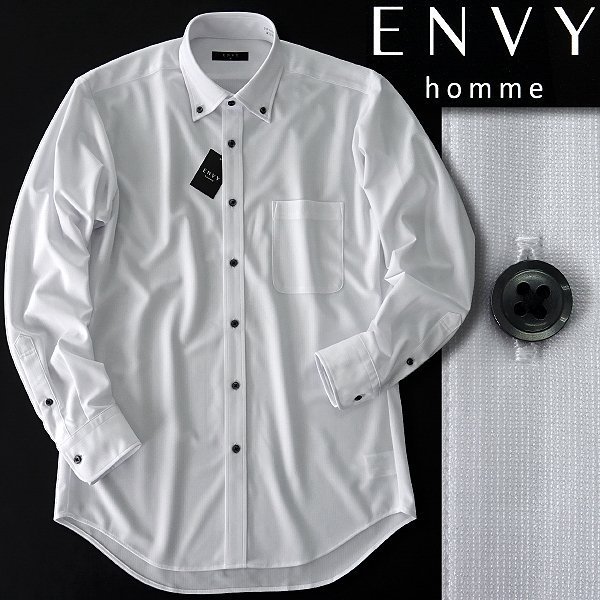 新品 山喜 エンビオム ス トライプ トリコット ニット ジャージー シャツ M 白 【DNW001_701】 ENVY HOMME メンズ 長袖_画像1