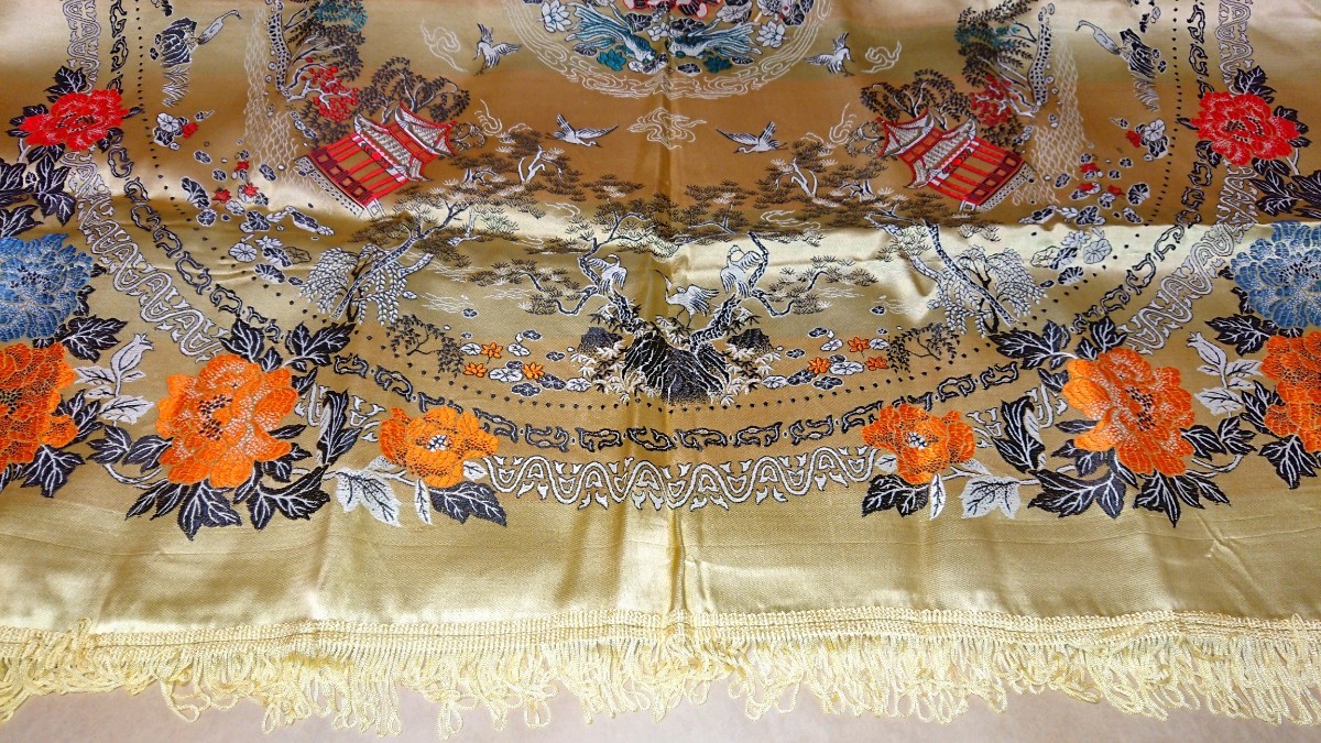 中国 古物 刺繍 織物 金糸 テーブルクロス サイズ約93×93cm(フレンジを含まない)書家の愛蔵品 古玩_画像6